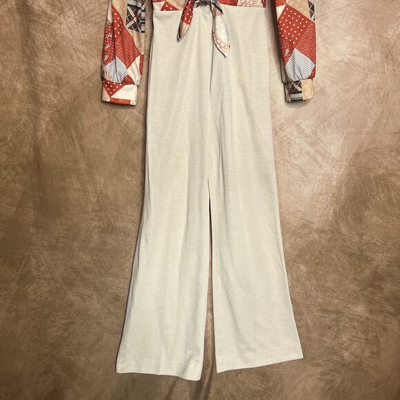 Vintage 70s Melissa Lane Patchwork Jumpsuit High Waist Tie Front Long Sleeve Mod - Picture 6 of 8
